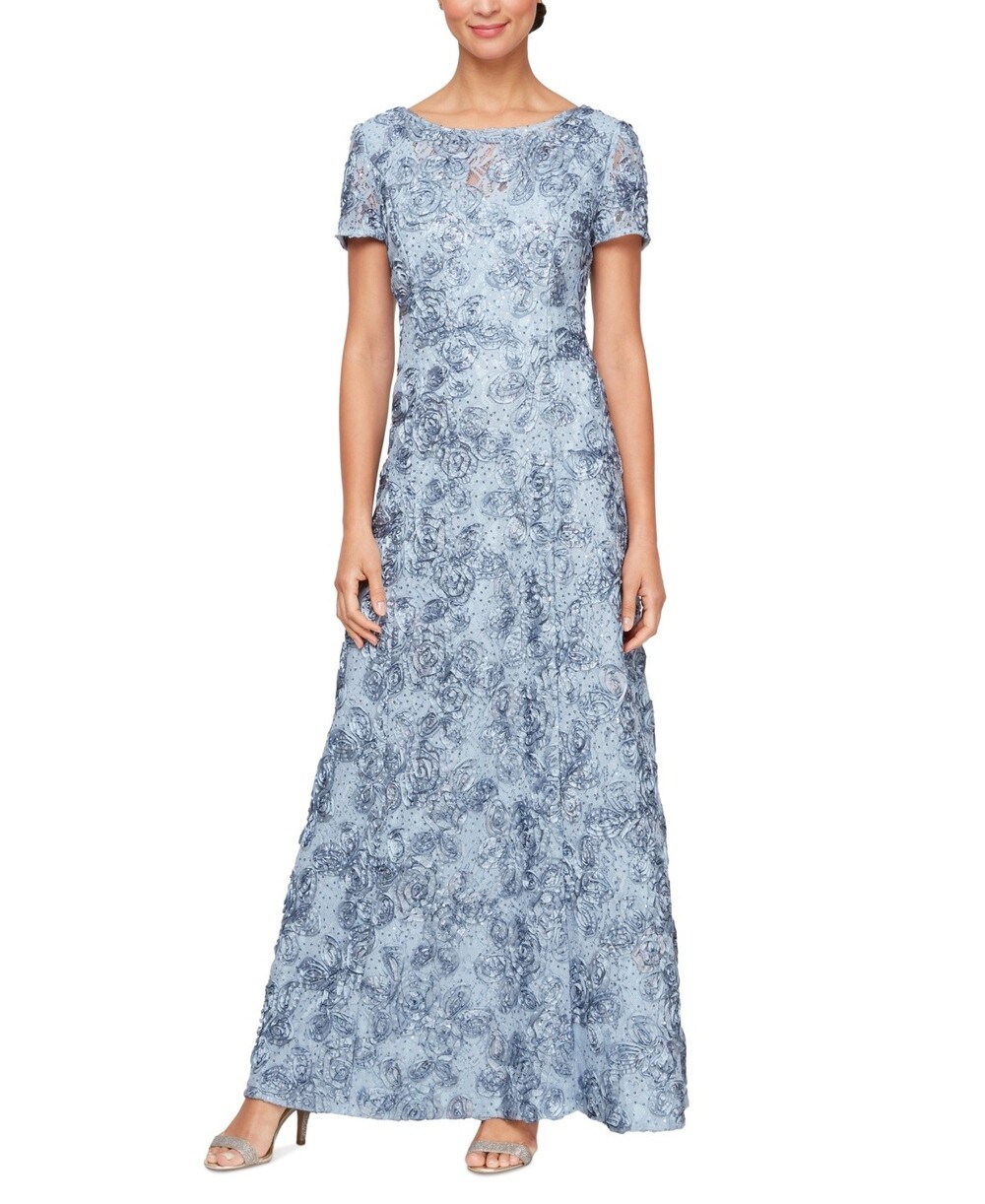 Alex Evenings Rosette Lace A-Line Gown Hydrangea 14 Petite